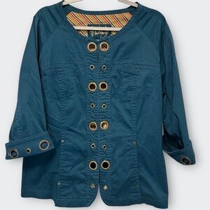 LAL Live a Little Teal Grommet Jacket 2XL Plus Size Y2K Boho Chic Indie Vintage